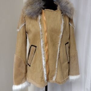 Women's Tan Shearling Jacket with Faux Fur Trim